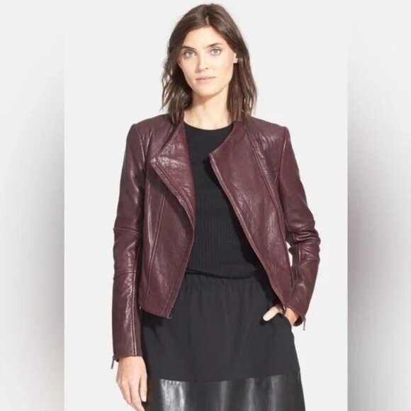 VINCE Asymmetrical Lambskin Leather Biker Moto Jacket Sz XS Shiraz - Picture 1 of 10